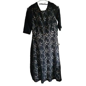 Black Lace Dress Beige Overlay Fit Flare 3/4 Sleeve Going Out Party Witch Fairy